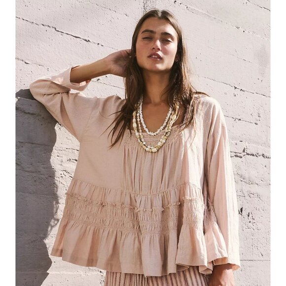Free People Size M Nyla Top Ethereal Billowy Neutral Ruffle Peplum Lagenlook - Picture 2 of 7